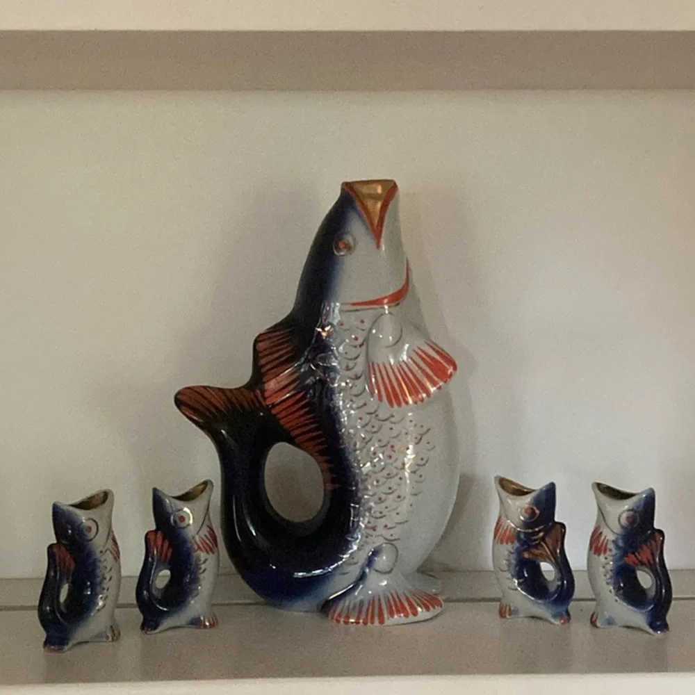 Ceramic Fish Figurine Set - Blue and Red
